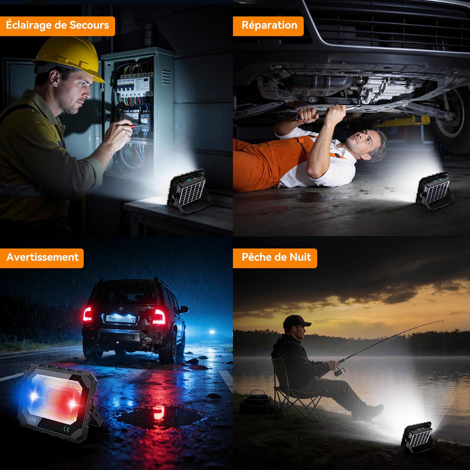 Projecteur LED Rechargeable, Adewalk 100W Projecteur LED Chantier Solaire & Batterie Rechargeable, 12000mAh Lampe Chantier 5 Modes, IP66, Lampe de Travail pour Camping, Pêche, Garage, Atelier