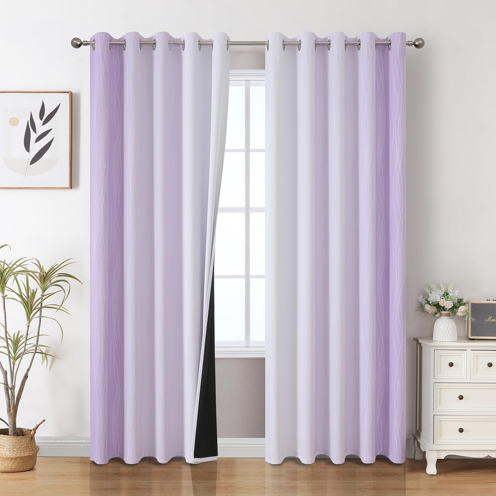 Lilac and Greyish White Ombre Blackout Curtains Living Room 84 Inches Long