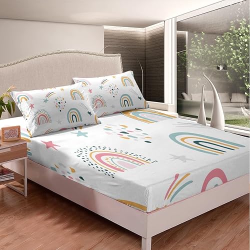 Miniatura 6 de Sábanas de cama de arcoíris rosa, sábana bajera de nube Kawaii tamaño individual para niños y niñas, decoración de dormitorio, juegos de ropa de