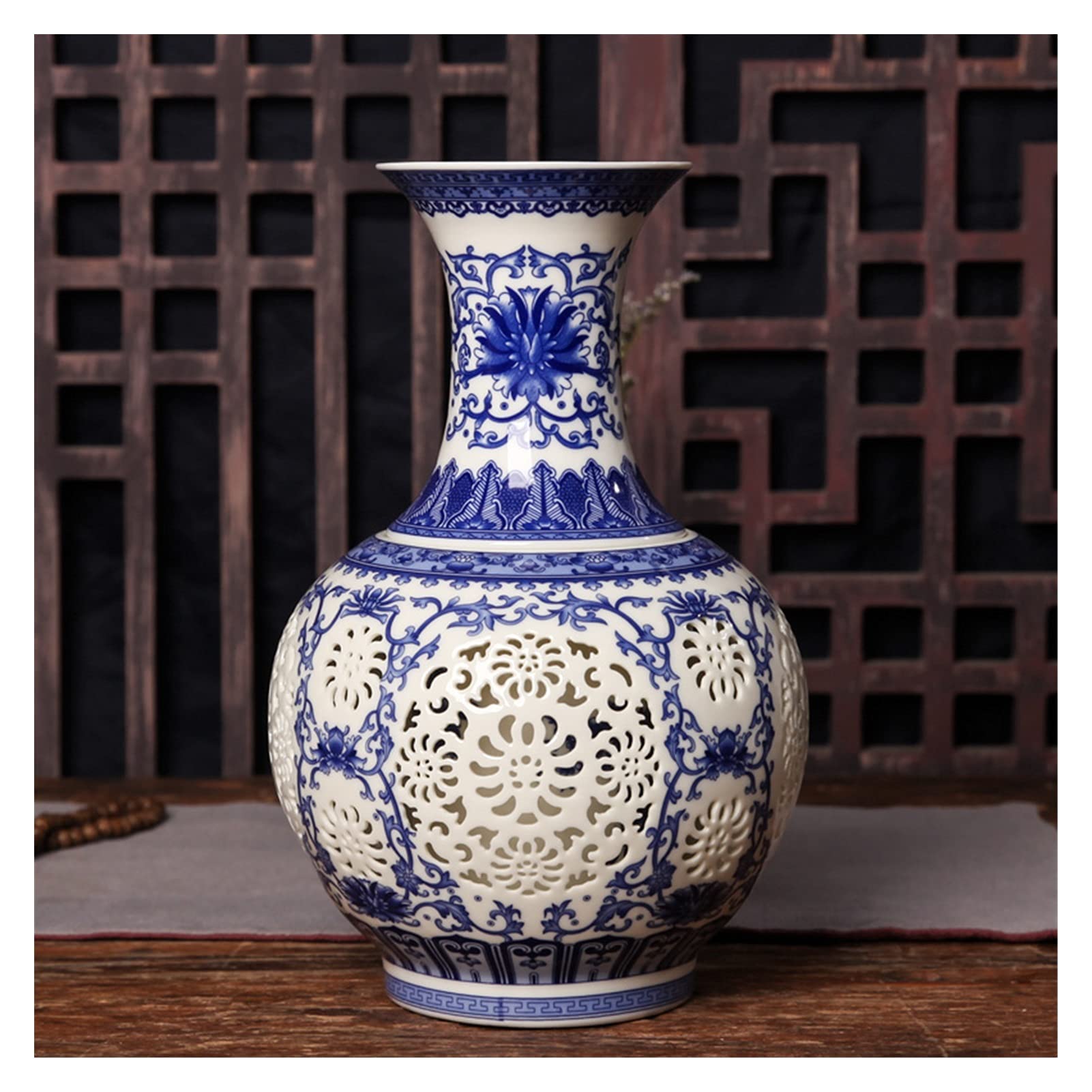 asdchZen Vases Hollow Ceramic Vase Chinese Blue And White Pierced Vase Living Room Decoration Porcelain Flower Vase Vases For Decor