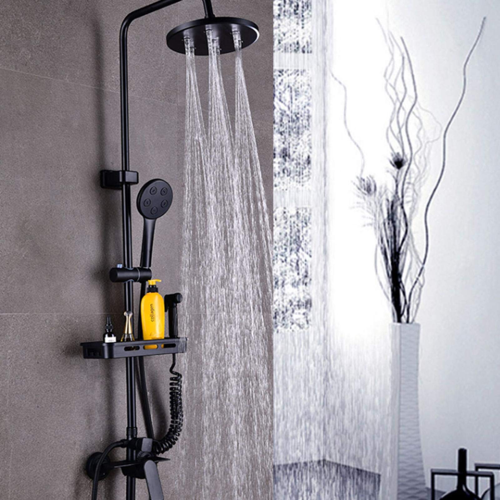 Barra de ducha negra con jabonera, estante de ducha sin taladro, estante de ducha con soporte para cabezal de ducha, accesorios de baño para una fácil instalación