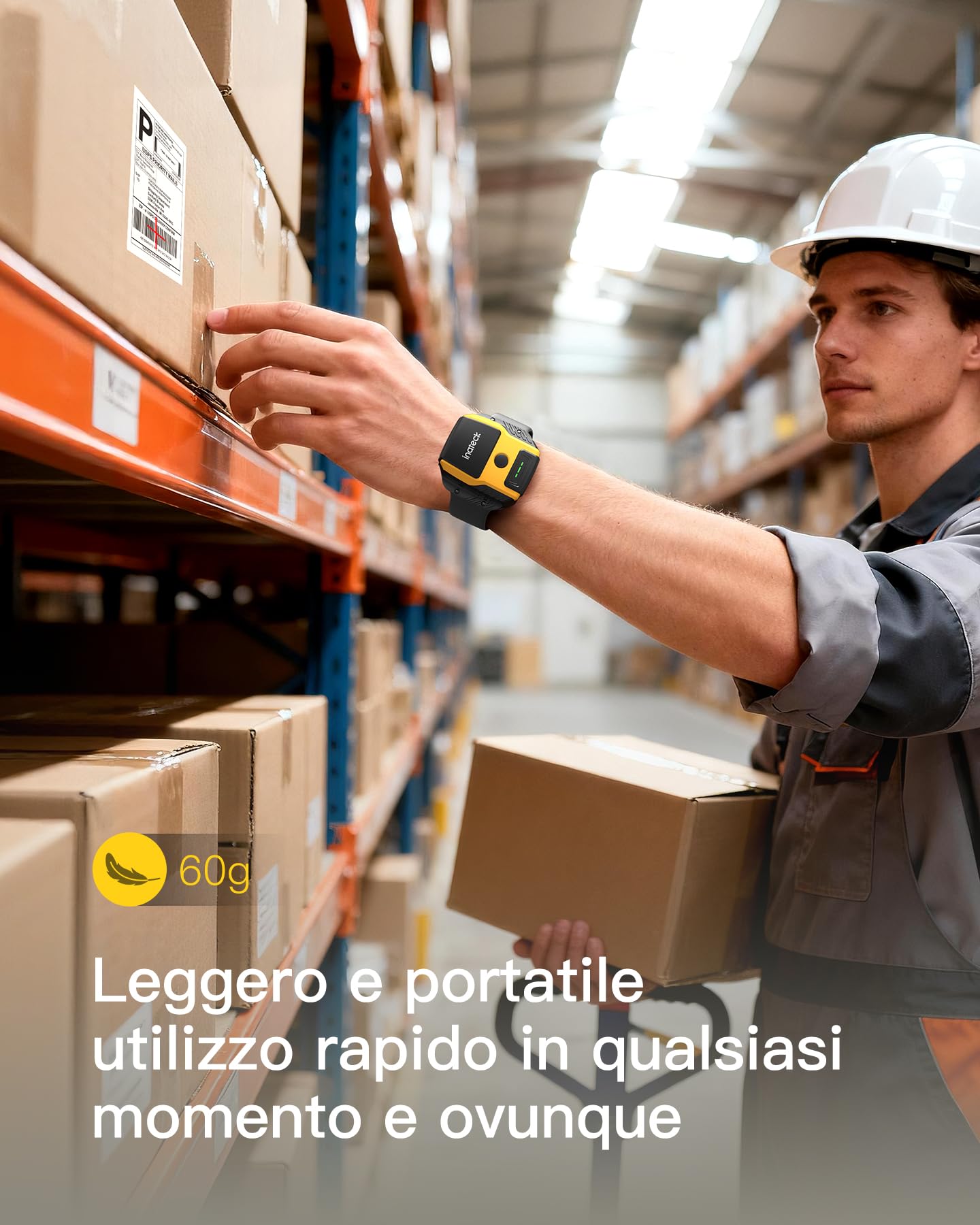Inateck Lettore Codice a Barre Indossabile 1MP 2D QR, Scanner da Polso a Mani Libere con Controllo Vocale, Inclinazione Ergonomica 10°, Bluetooth 5.3, Leggero (60g) per Smistamento, Nano 370