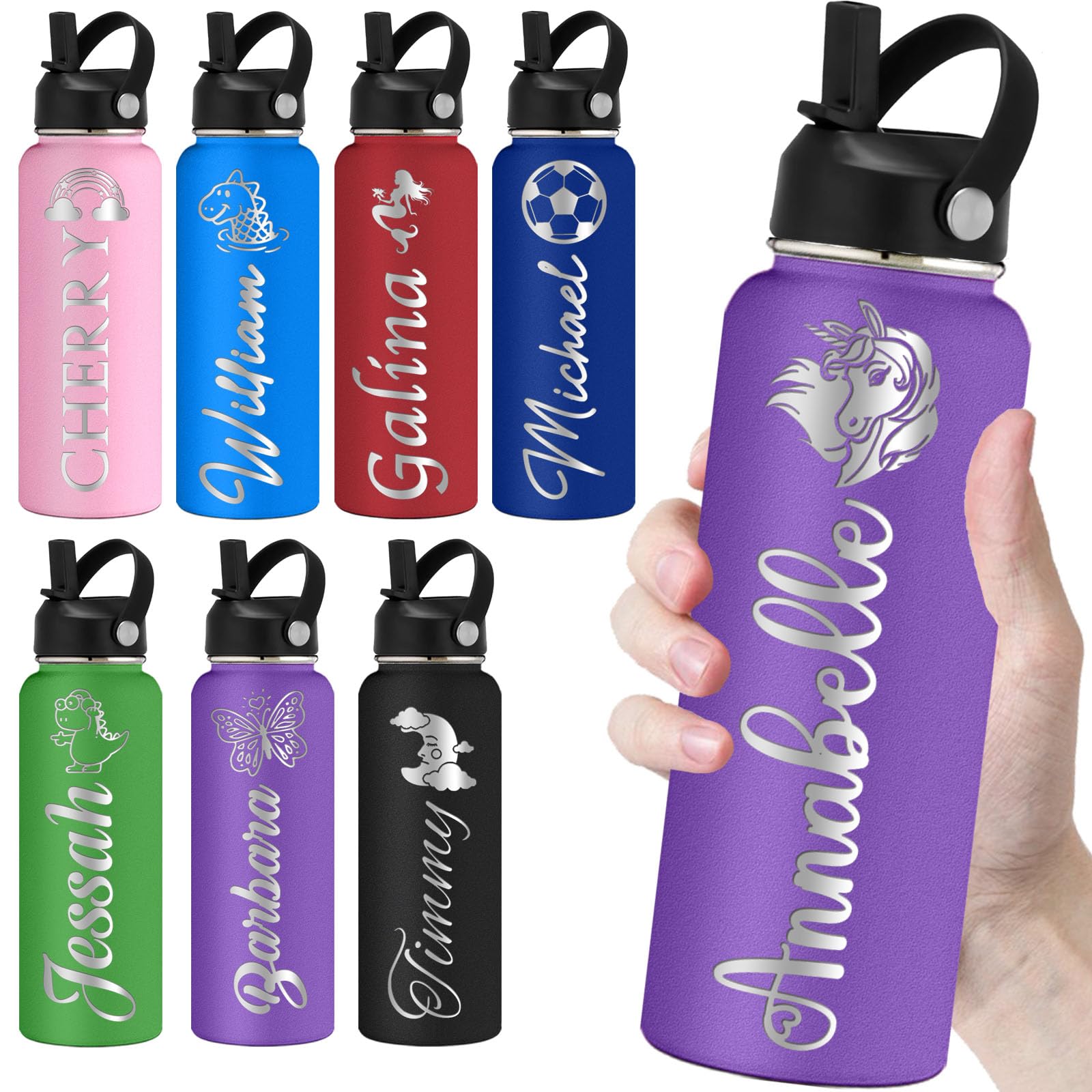 Personalized Water Bottles with Straw 40oz Custom Engraved Water Bottle for School Customized Name Double Wall Insulated-Purple