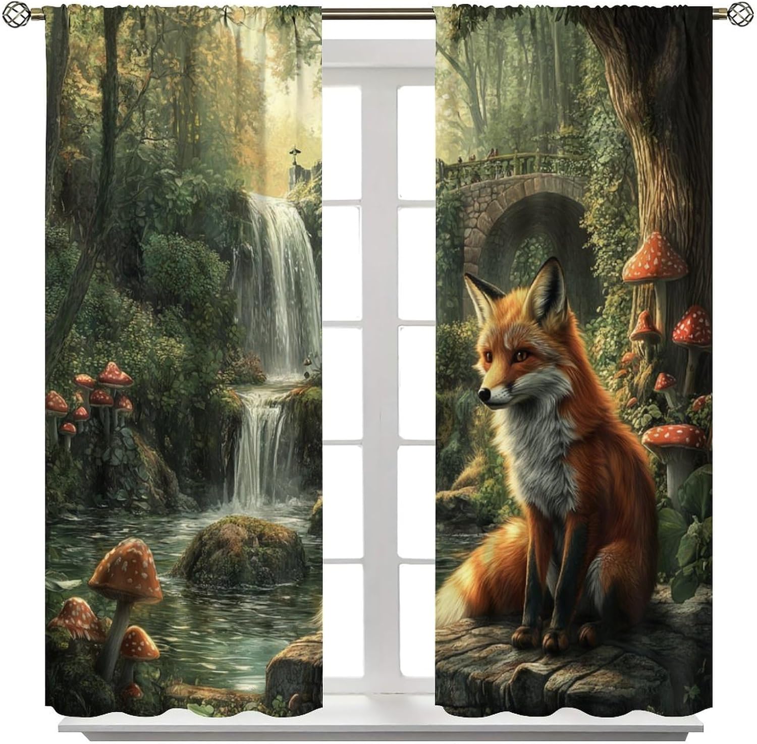 Retro Fox River Blackout Curtains, Bridge Forest Mushroom Curtains Rod Pocket Thermal Insulated Window Drapes for Bedroom/Living Room, 21W x 45L, 2 Panels