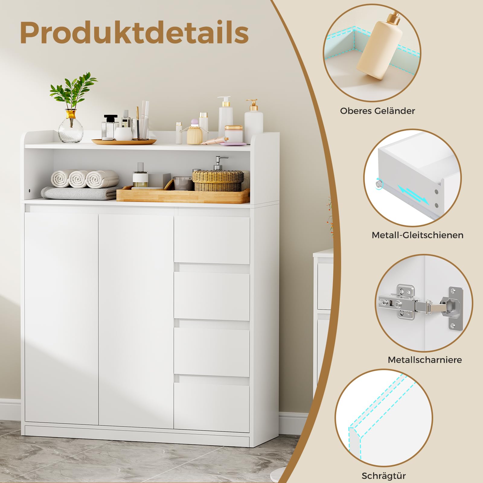 ANWBROAD Badezimmerschrank, Badschrank mit 4 Schubladen, Kommode Badezimmer 2 Schranktüren und 5-lagige Verstellbarer Ablage, Kommode für Badezimmer, Wohnzimmer, Küche, 110 × 80 × 30 cm, Weiß, SBC015W