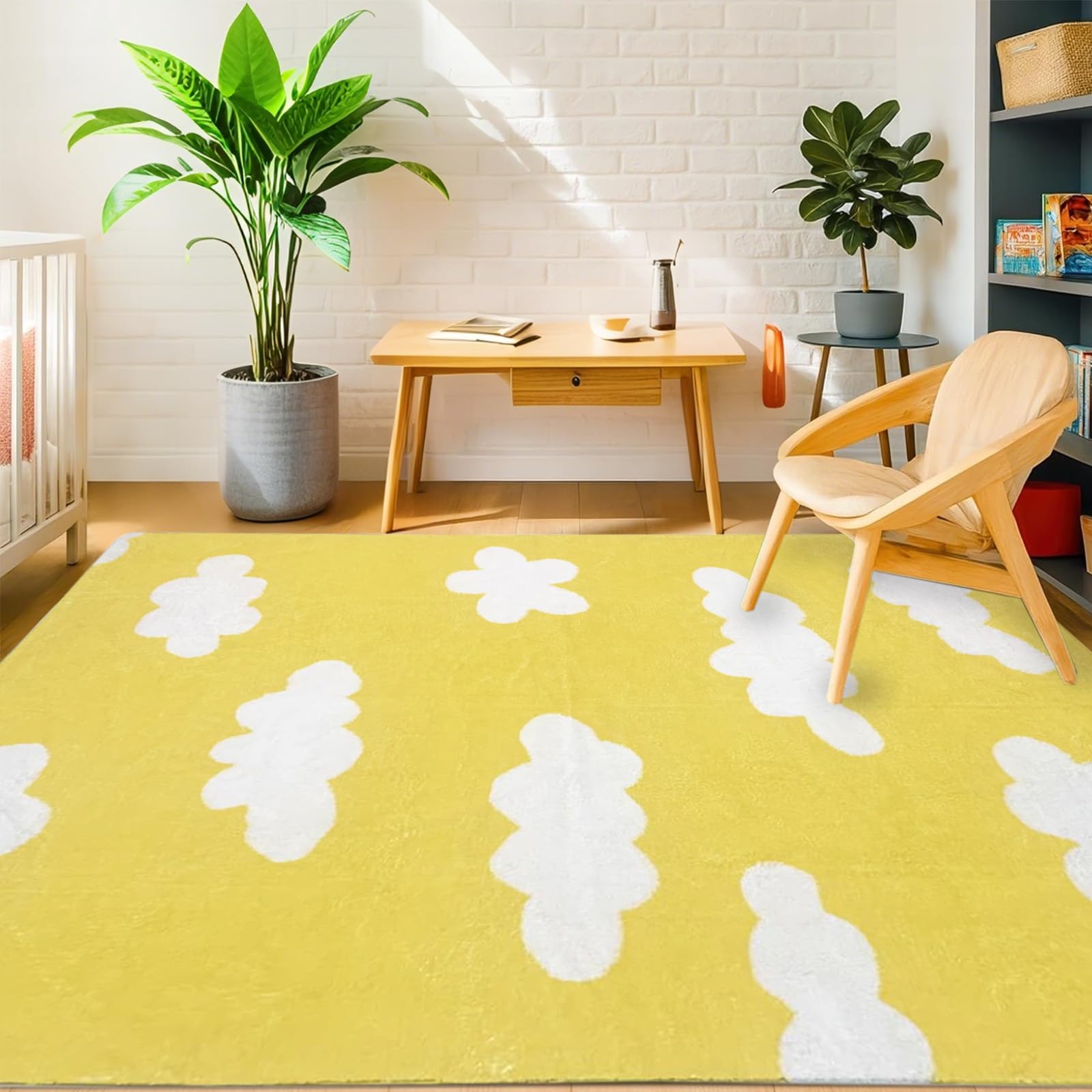 USTIDE Tapis en peluche super doux et moelleux à motif nuages mignons pour chambre d'enfant, salle de jeux, salle de classe, chambre à coucher, salon - Jaune - 120 x 180 cm