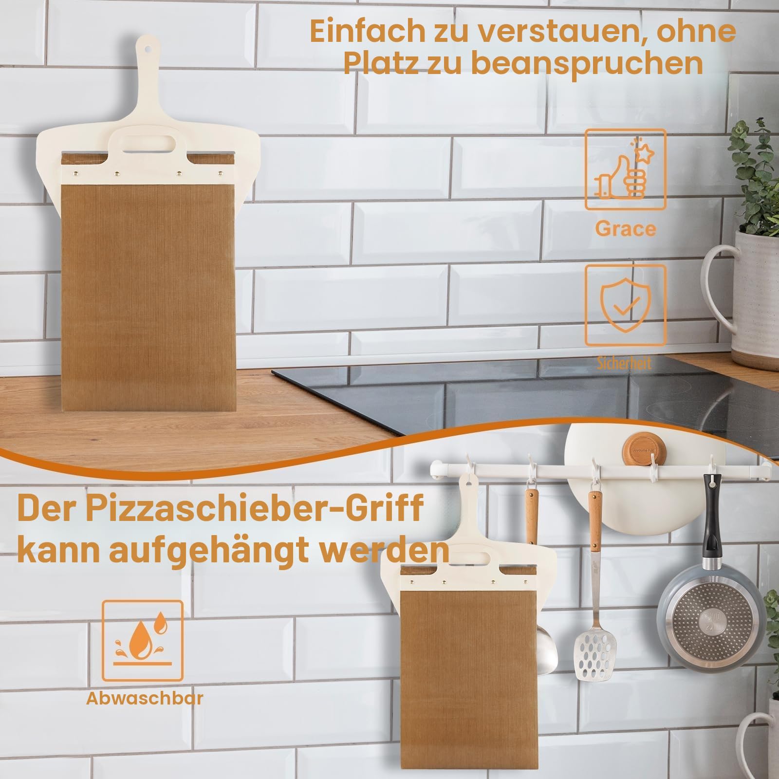 Gleitender Pizzaschieber Perfekt zum Übertragen von Pizzen - Pizzaschäler Mit Griff, Pizzaschälpaddel, Küchen-Pizzaschaufel-Backwerkzeug, Rollbar (2)