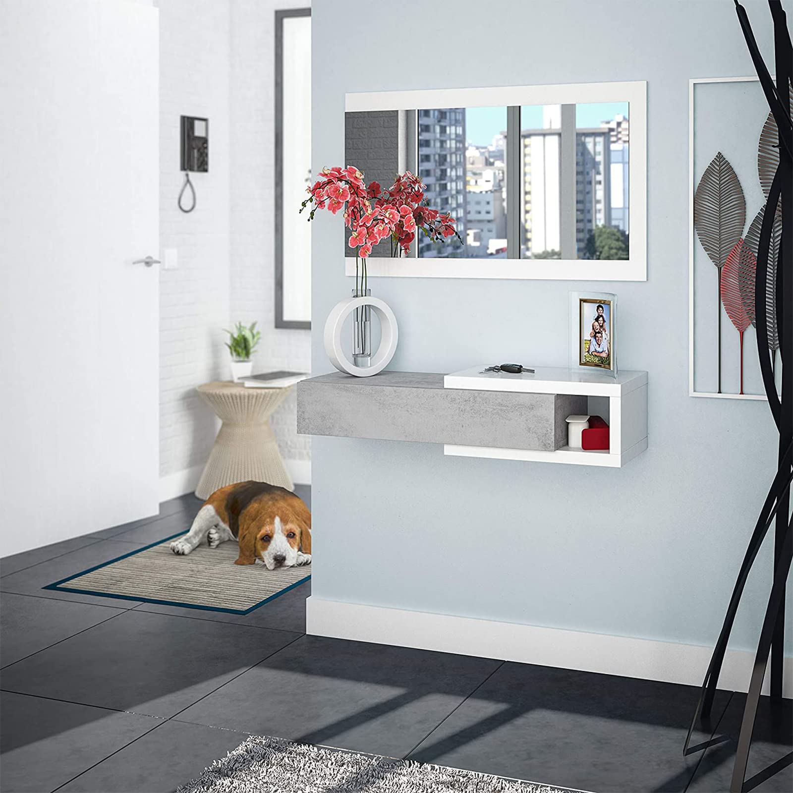 Mondo Viro Kit Mueble de entrada colgante con espejo Noon de aglomerado 95 x 26 cm 19 h (Cemento)
