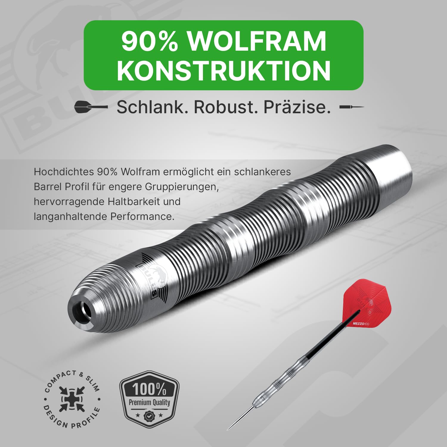 Bull's Prime Curved 90% Tungsten Dart Barrels für engere Gruppierungen - Ergonomisches Curved Design mit Präzisions-Ring Grip, Steeldart Barrels - 50 mm, 22g 23g 24g, 3er Barrel Set
