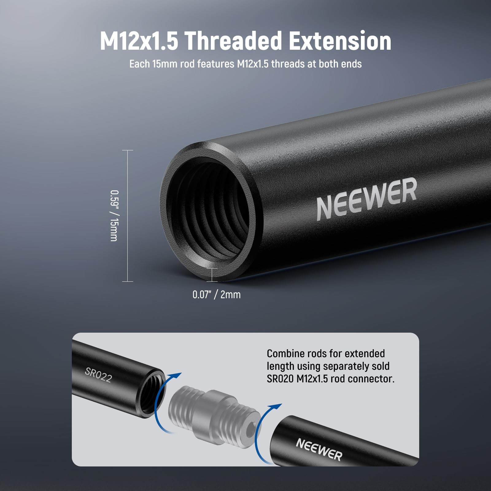 NEEWER Tige de 15mm (8"/20cm de Longue, Packs de 2), Tiges d'Extension Extensibles de 15mm en Alliage d'Aluminium pour Système de Rail de Tige LWS de 15mm, Plaque de Base de Plate-Forme Vidéo, SR022