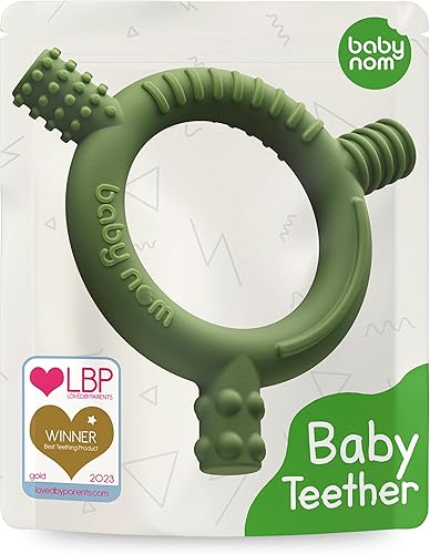 Easy Grip Teether For Infants Baby Nom Silicone Teething Toy – Food Grade, Freezer Safe Teether For Babies 3+ Months, Sensory Ring For Soothing Gums (Olive) Baby Essentials For Newborn