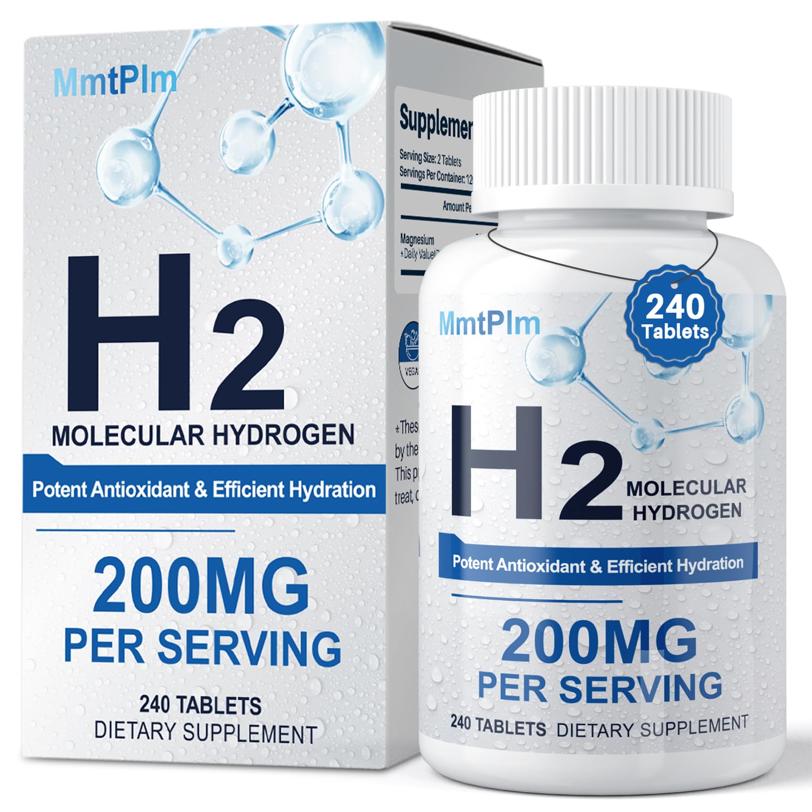 Hydrogen Water Tablets for Drinking Water, 240 Count Molecular Hydrogen Supplement for Energy Boost, Brain & Cognitive Support, Non-GMO