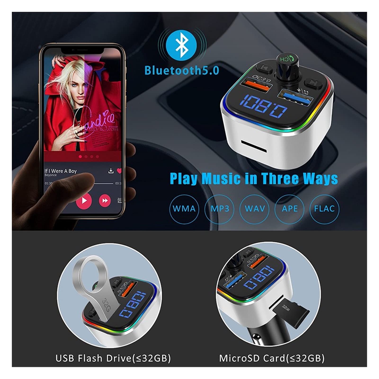 Adattatore Audio Bluetooth. T32 RGB. Auto FM. Trasmettitore Bluetooth 5.0 Vivavoce Wireless MP3. Adattatore Radio Player. QC3.0. Doppio USB Carica Veloce Auto FM. Modulatore