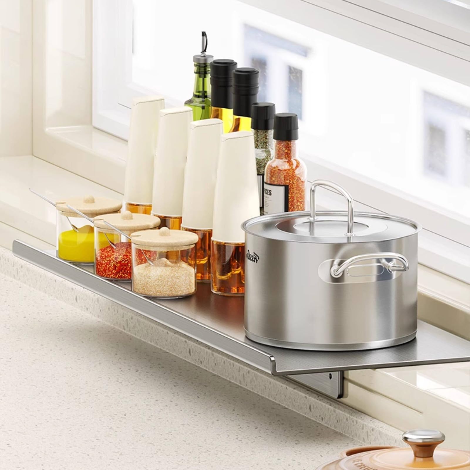 Przedłużacz parapetu ze stali nierdzewnej z przyssawką, ruchome i zajmujące mało miejsca przedłużenie blatu dla dodatkowej powierzchni, rozszerzalna konstrukcja