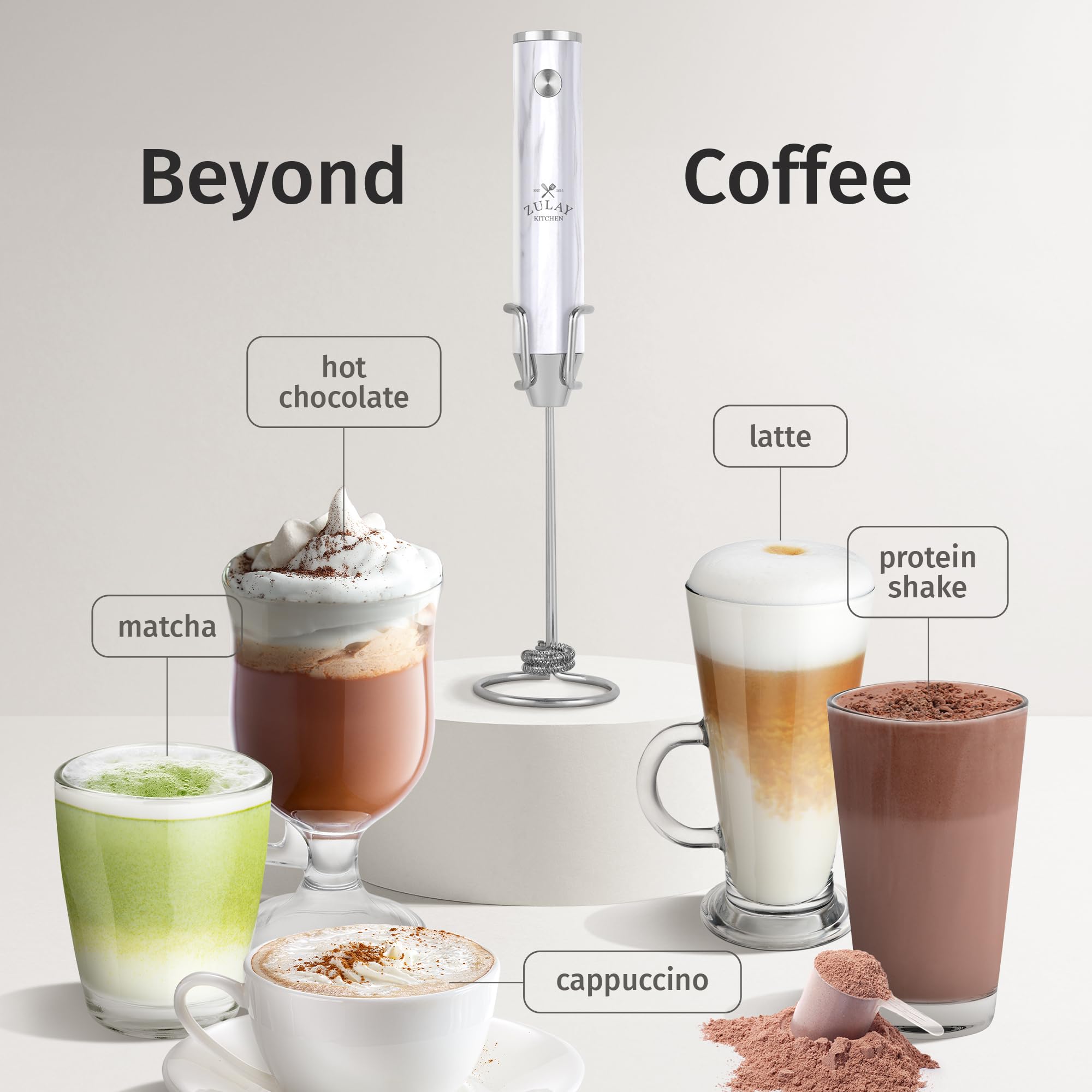 Zulay Kitchen Mousseur à lait portable rechargeable - Mousseur à boisson - Fouet électrique - Pour cappuccinos, matcha et poudre de protéines - Double fouet Lux 2 vitesses étanche - Marbre