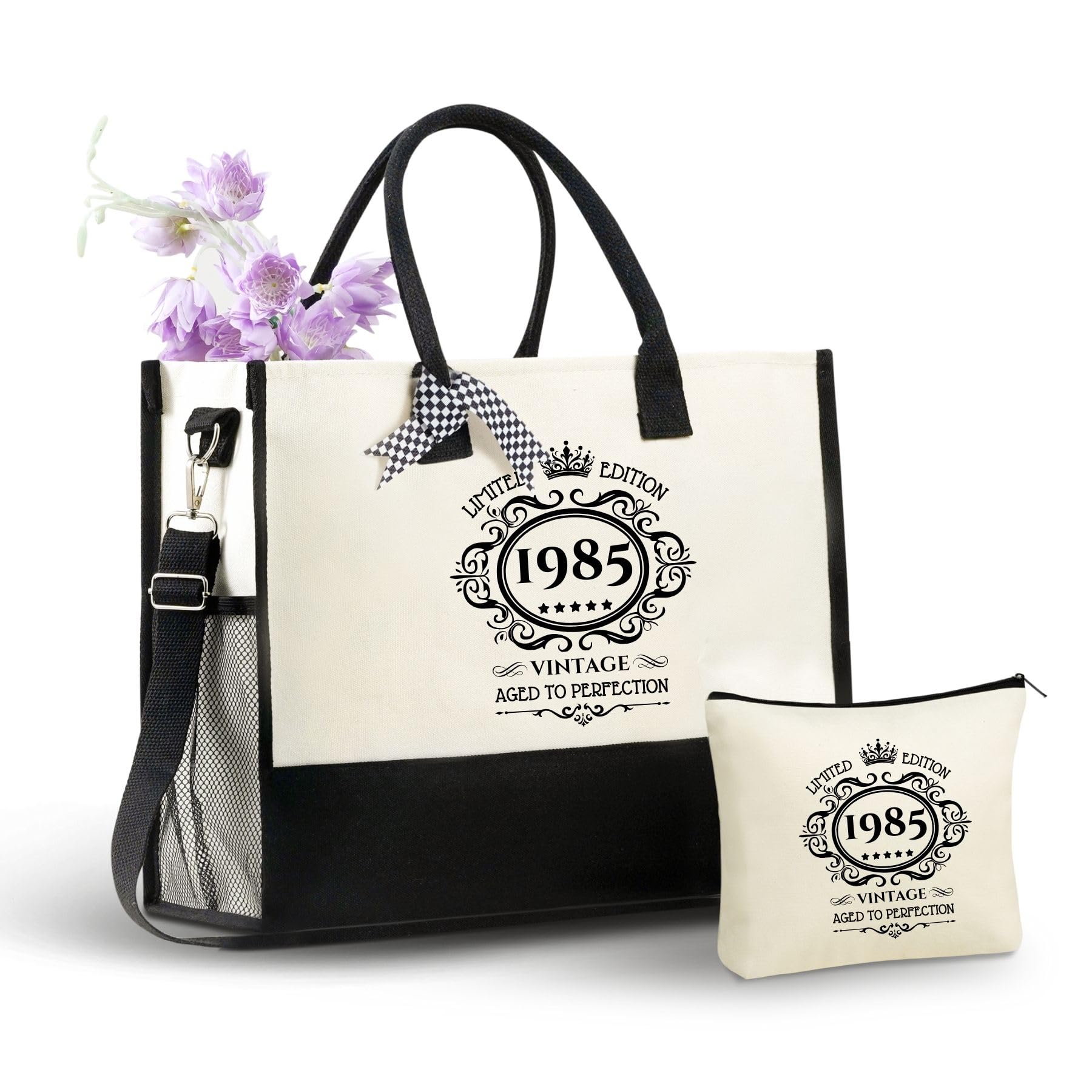 InnoBeta 40th Birthday Gifts Canvas Tote Bag, 40th Bag with Top Zipper Closure and Shoulder Strap for Birthday, Mother's Day, Christmas