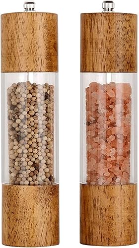 Molinillo de pimienta y sal, molinillo manual avanzado de acrílico y madera, molinillo de sal y pimienta, alta capacidad y rugosidad ajustable,