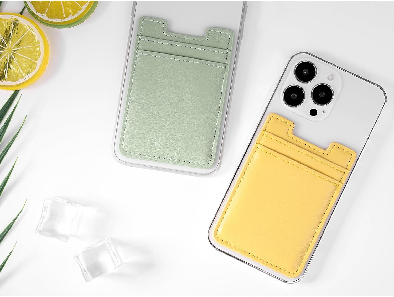 Fulgamo 2Pack Phone Card Holder for Back of Phone Case,Phone Wallet Stick On, Leather Sticky Adhesive Credit Card Pocket RFID iPhone and Android-Yellow,Green image 5