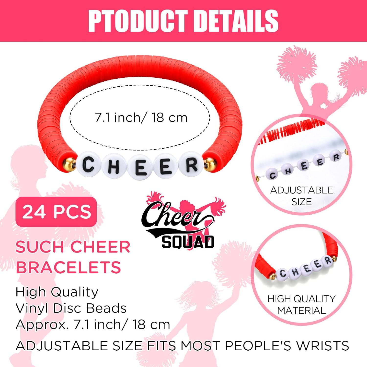 Landical 24 Pcs Cheerleader Gifts Stackable Clay Bead Cheer Bracelets Friendship Bracelets Senior Night Cheer Gifts for Girls(Red) - Image 2