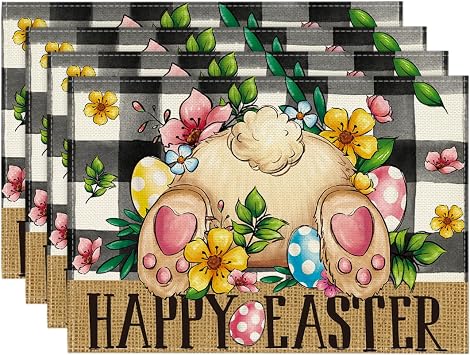 Artoid Mode Buffalo Plaid Bunny Egg Flowers Happy Easter Placemats مجموعة من 4 ، 12x18 بوصة ربيعي طاولة موسمية ماتس لحفلة المطبخ