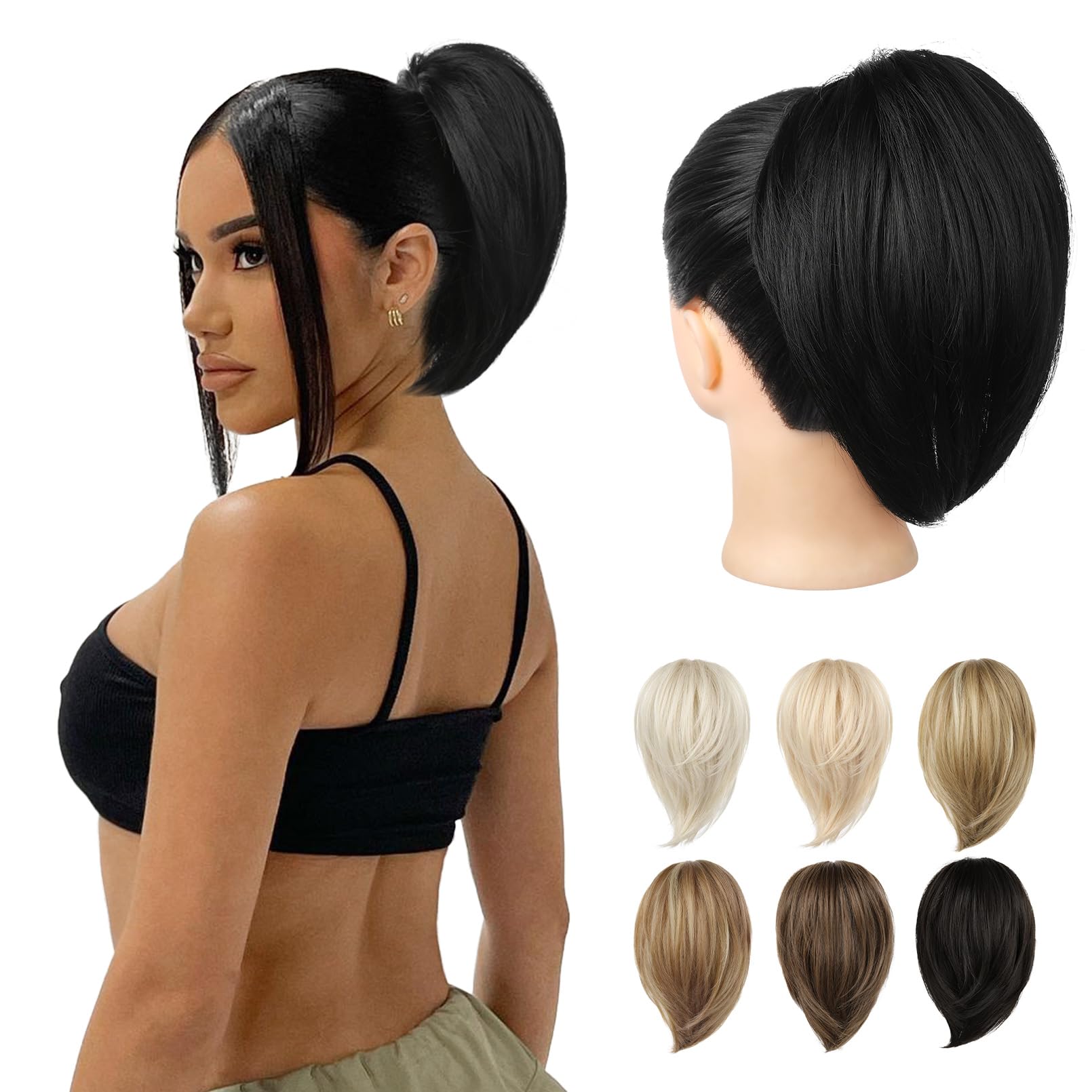 REECHO Ponytail Extension,Claw Clip Hair Bun Hair Piece Short Straight Ponytail Hair Extensions Messy Hair Bun Natural Synthetic Fake Ponytail Hair Pieces for Women- Black