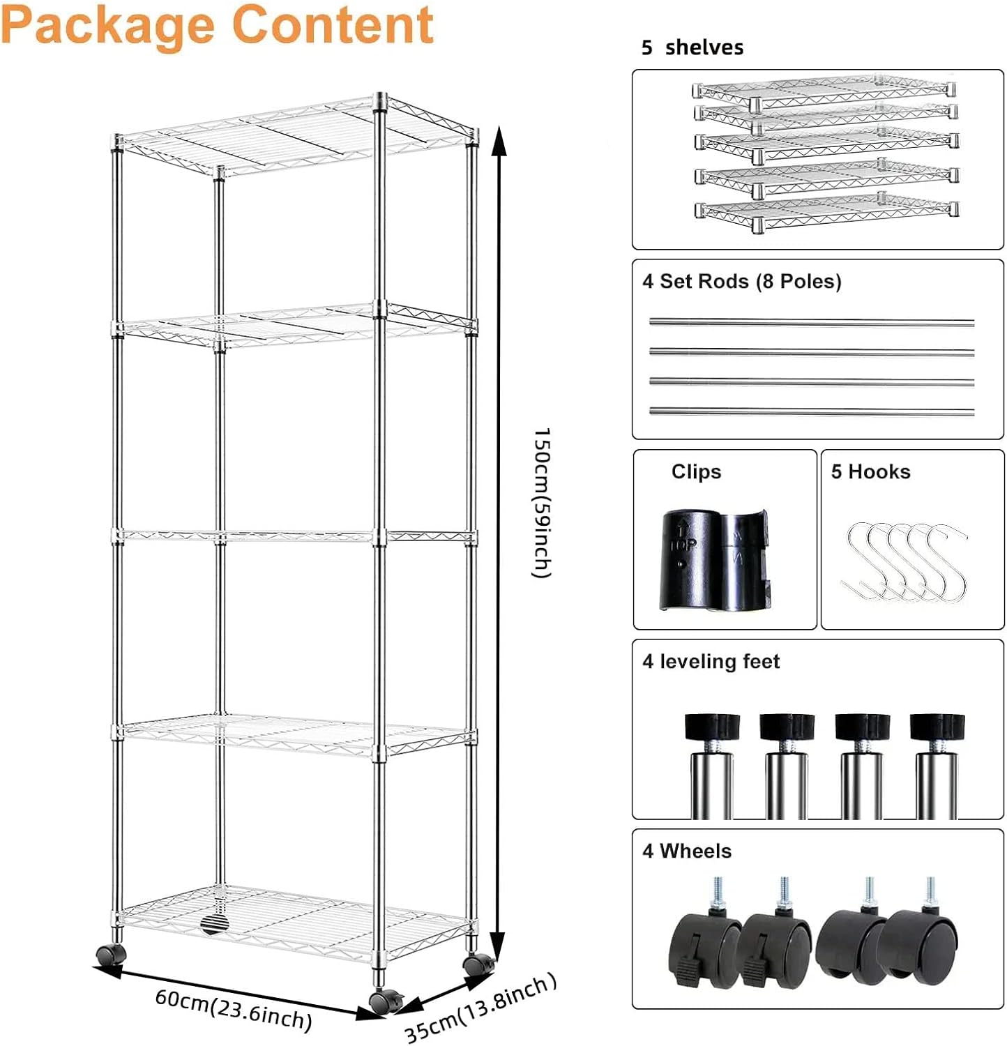 Storage Shelves ，Chrome,Durable Wire Shelving, Vertical Heavy Duty Combination, Kitchen, Bedroom, Living Room, Study, Utility Room, Basement, Garage, Free Movement with Moving Wheels