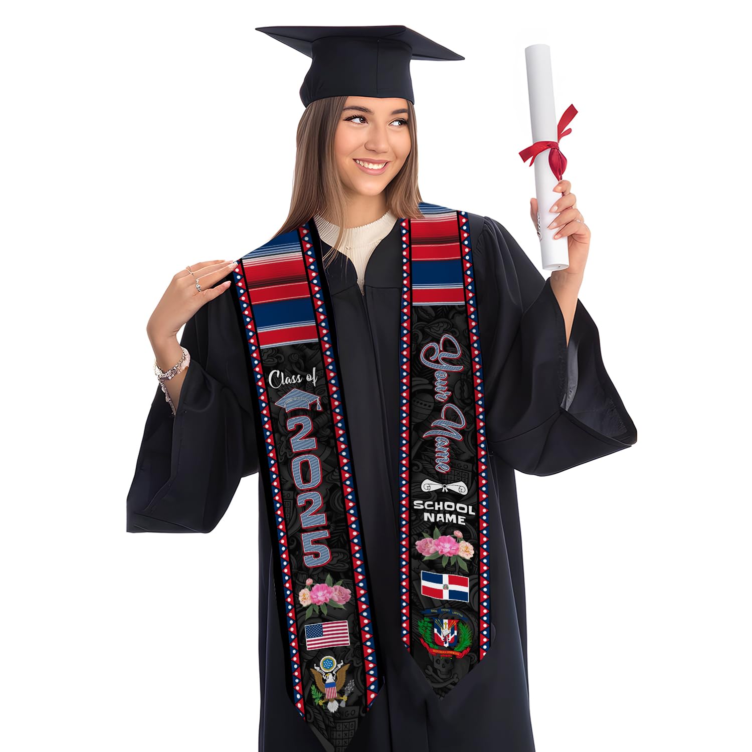 MonkeyVan Personalized Dominican Republic Graduation Sash,Custom Dominican American Flag Stole 2025,Dominican Graduation Sash S106