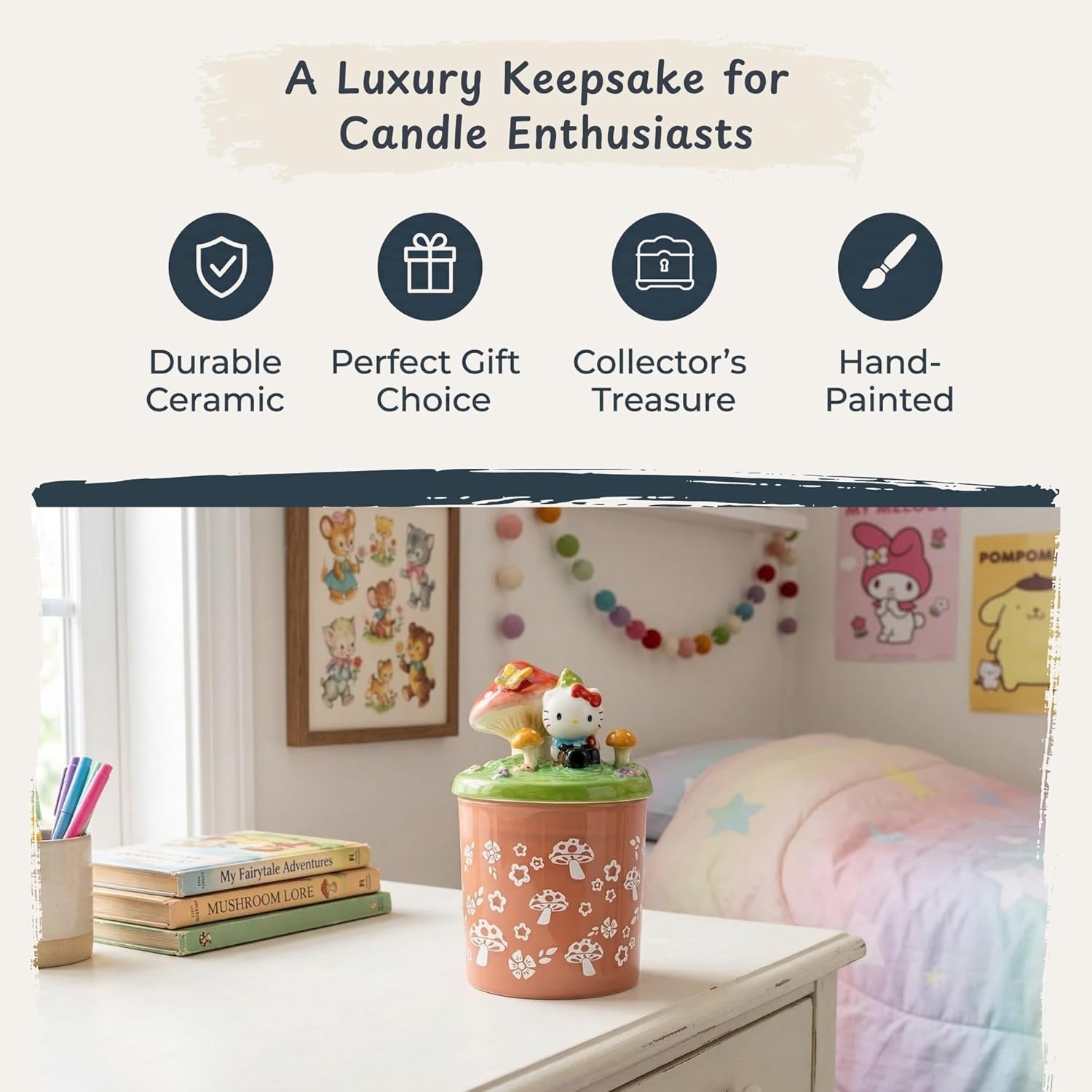 Blue Sky Clayworks Hello Kitty Lidded Glass Candle, Ceramic, 4" L x 4" W x 7" H, Mushroom Meadow Keepsake Glow