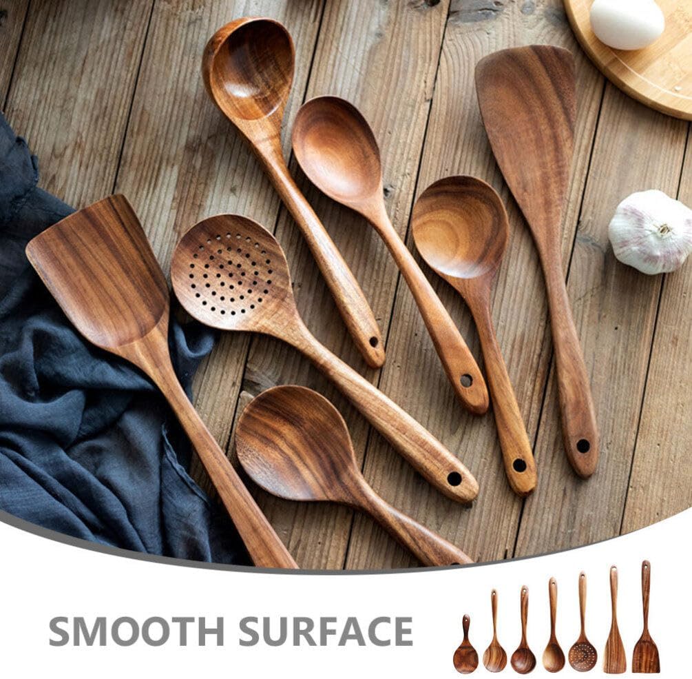 7pc Kitchen Wooden Utensils Set Cooking Spoon Salad Fork Jar Spoon Salt Scoops Easy to Grip Reusable Non Stick