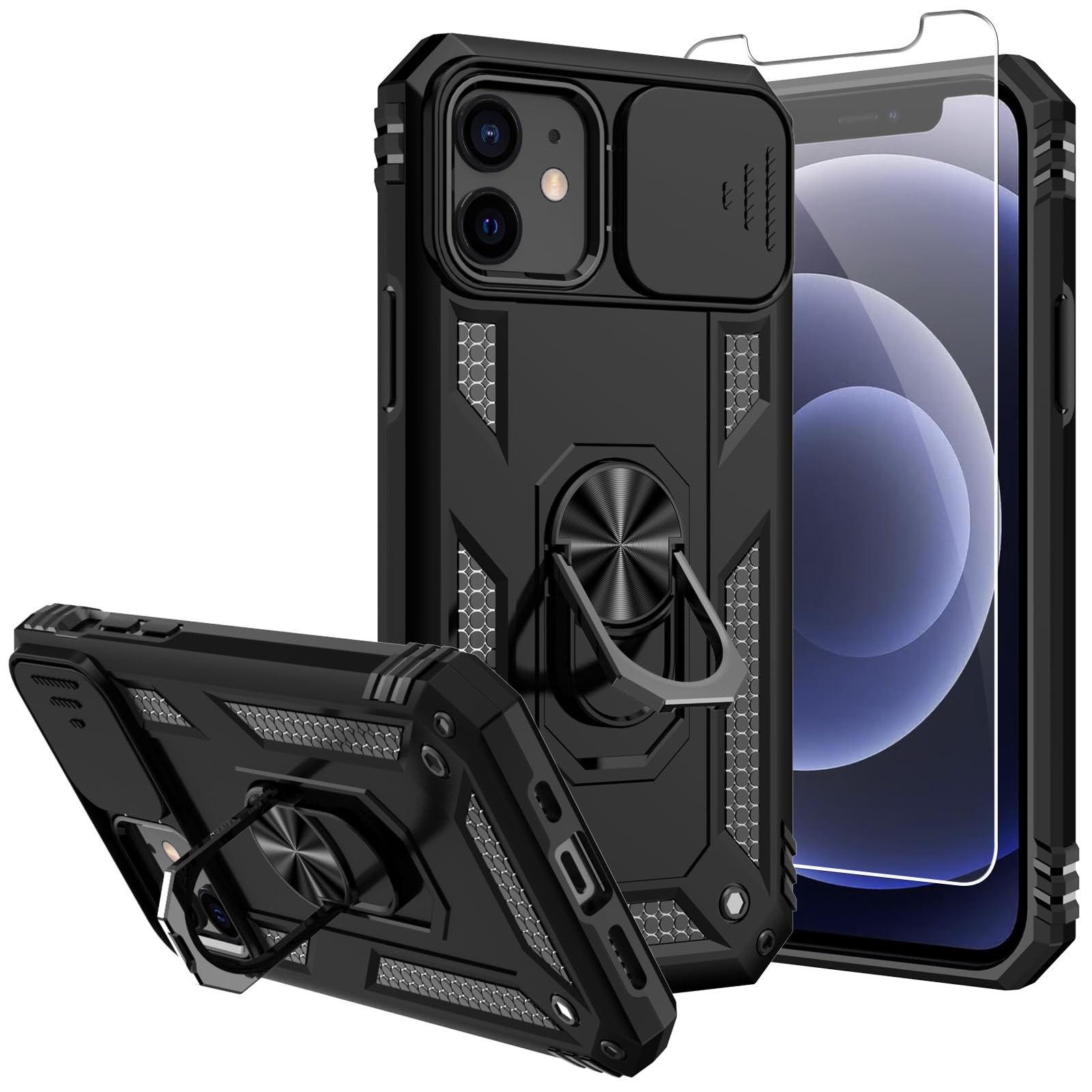 SKTGSLAMY for iPhone 12 Case,with Screen Protector and Camera Cover,[Military Grade] 16ft.Drop Tested Cover with Magnetic Kickstand Protective Case