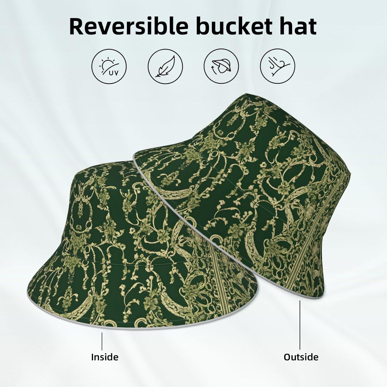 (Hunter Green Floral Petals Pattern) Reflective Reversible Bucket Hat Foldable Breathable Stylish Two-Way Wear for Outdoor Travel Daily Activities