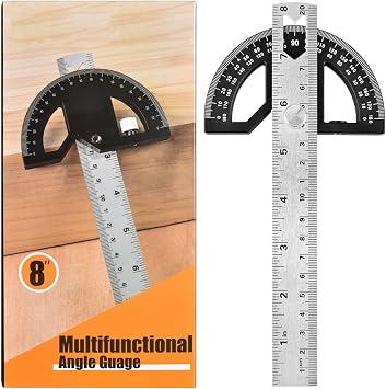 Protractor Angle Ruler - Adjustable Stainless Steel Gauge With 0-180 Degrees Measuring for Home Improvement Carpentry Work Black, 8-Inch, Alloy