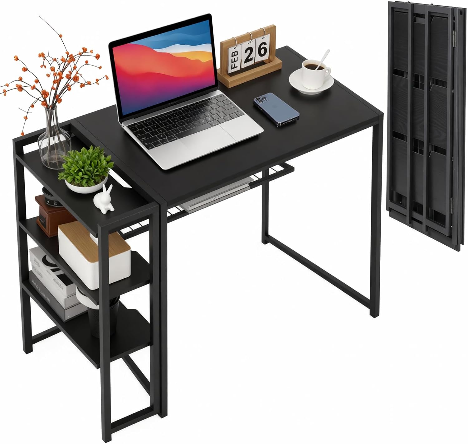 GarveeHome 35 inch Folding Desk Writing Computer Desk with Storage Shelf,Spaces Saving Writing Sturdy Table No Assembly,for for Bedroom, Home Office, Dorm, Apartment, Black