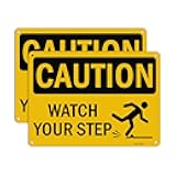 T&R Caution Watch Your Step Signs - 2 Pack - 10 x 7 Inches Rust Free .040 Aluminum -Reflective, UV Protected, Waterproof, Weatherproof and Fade Resistant - 4 Pre-drilled Holes