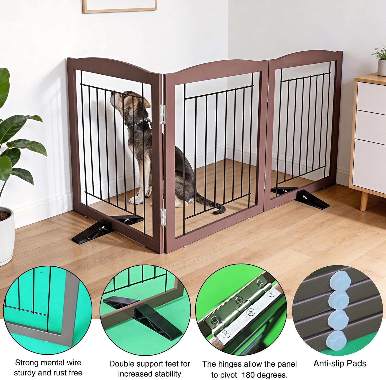 ZJSF Freestanding Dog Fence Indoor, Foldable Dog Gate for Doorways, Stairs or Hallways, Sturdy Wood Extra Wide Pet Gate with Support Feet for The House, Brown, 24 "Height-3 Panels