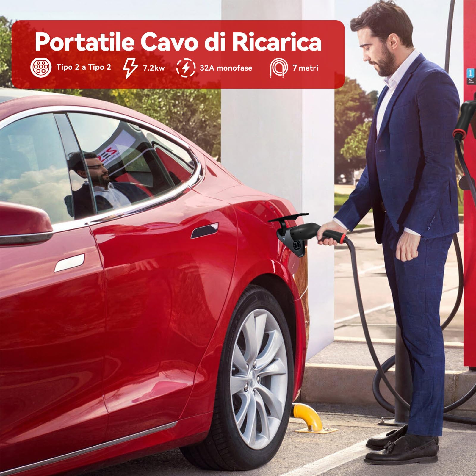 EV Cavo di Ricarica Tipo 2 7,2kw| 32A| Monofase| 7M |Tipo 2 a Tipo 2 EV Cavo di Ricarica per Auto Elettrica- Compatible con ID4, 500e, e-208, i3, XC40 - con Borsa