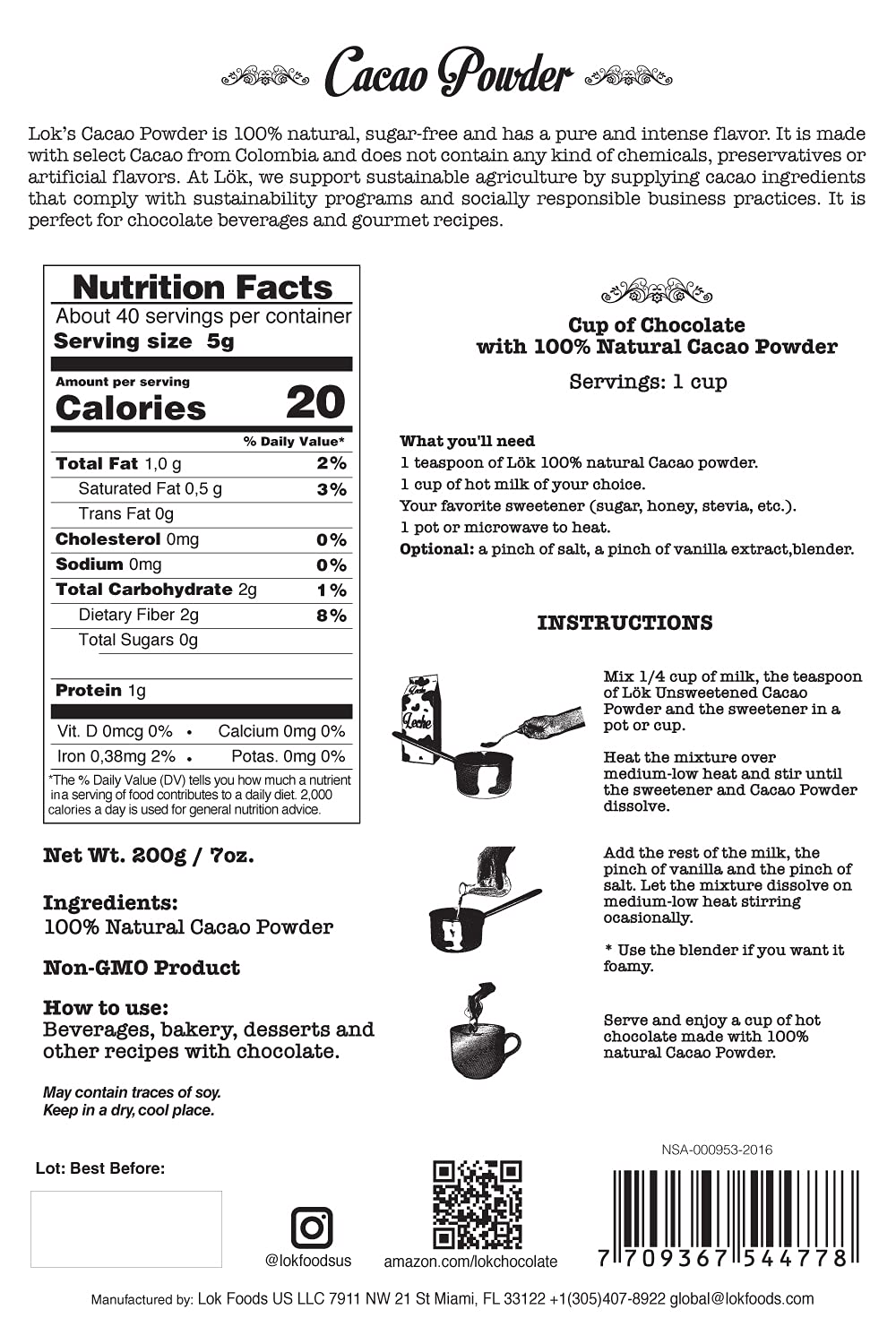 Lök Foods Single Origin Poudre de cacao naturelle de Colombienne, Sans sucre, 200g