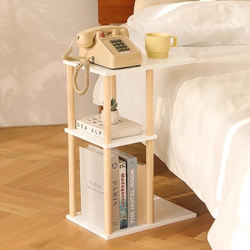 AWASEN Mesa auxiliar en forma de C, mesa auxiliar pequeña para sofá, mesa de sofá de madera de 3 niveles para sala de estar, espacio pequeño,