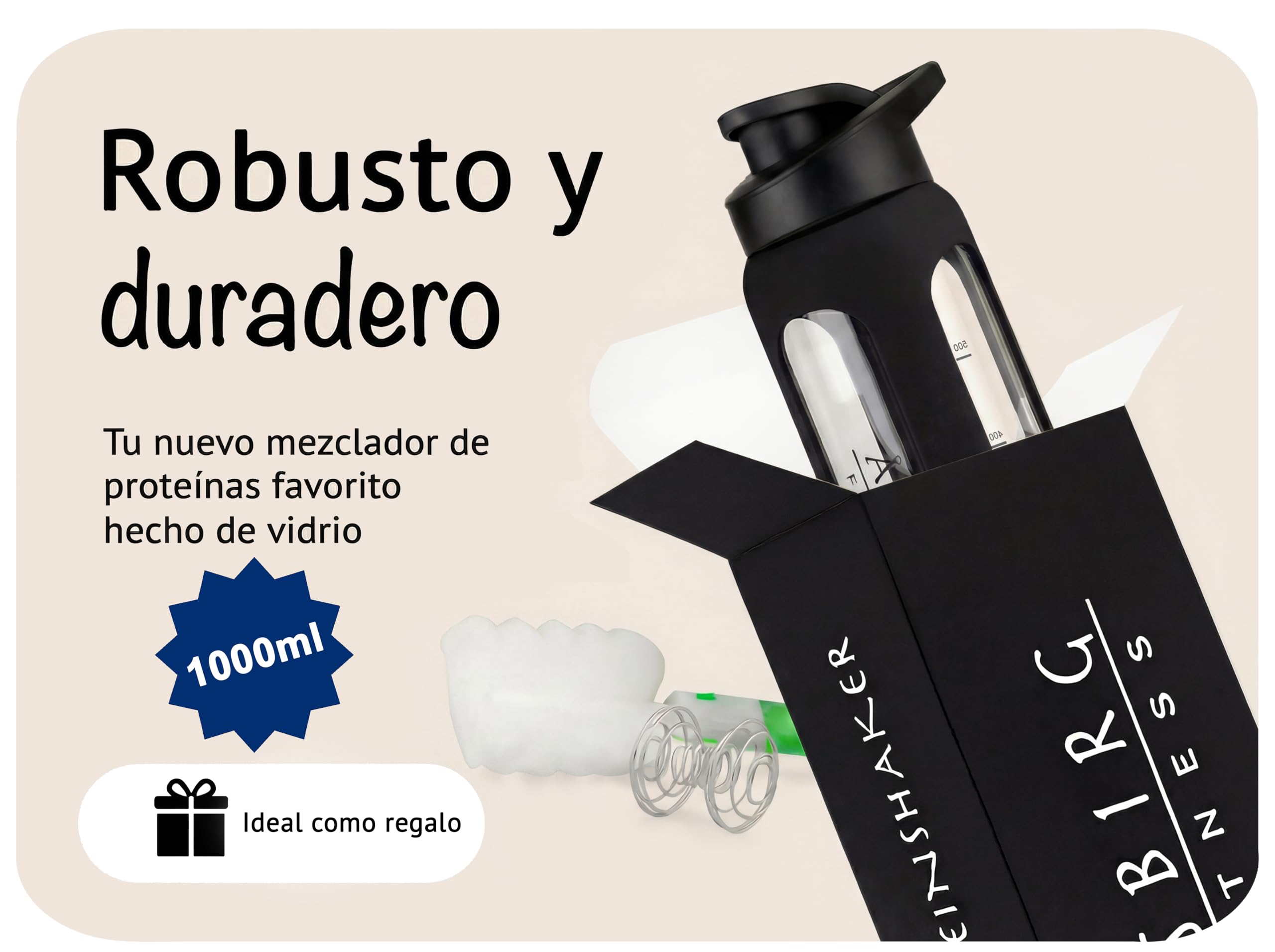 Coctelera de cristal de 1000 ml, sin BPA, a prueba de fugas y resistente, con bola mixta de vidrio de borosilicato, botella para fitness y deportes, color negro