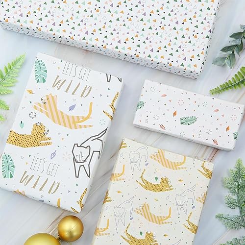 Miniatura 6 de Go Wild Safari Jungle Animals Leopard Cats Monstera Leaf Papel de regalo Hojas planas (4 hojas, 4 diseños: 15 pies cuadrados ttl)-Para niñas y