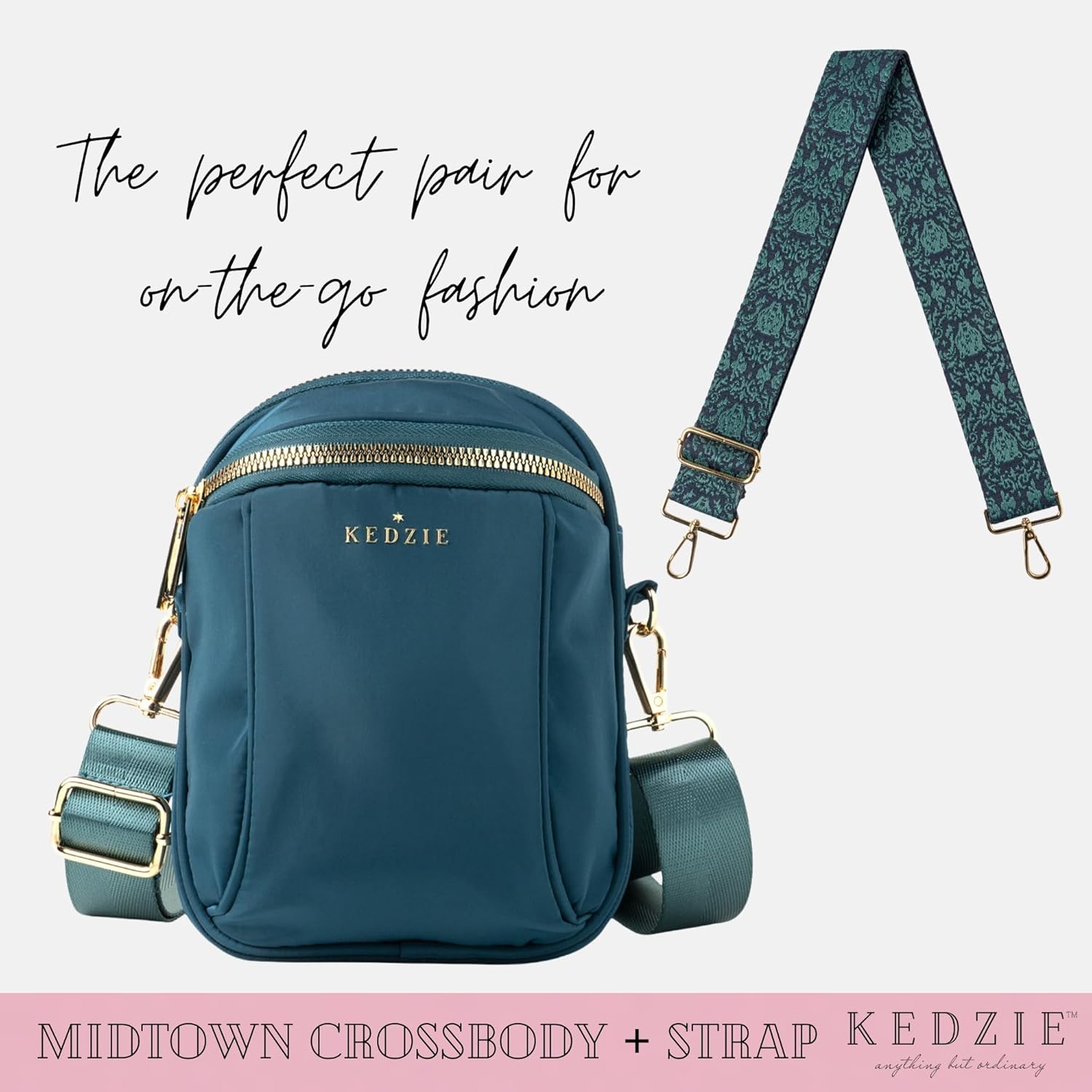 KEDZIE Midtown Crossbody Bag (Teal) & Interchangeable 2-Inch Bag Strap (Viceroy)
