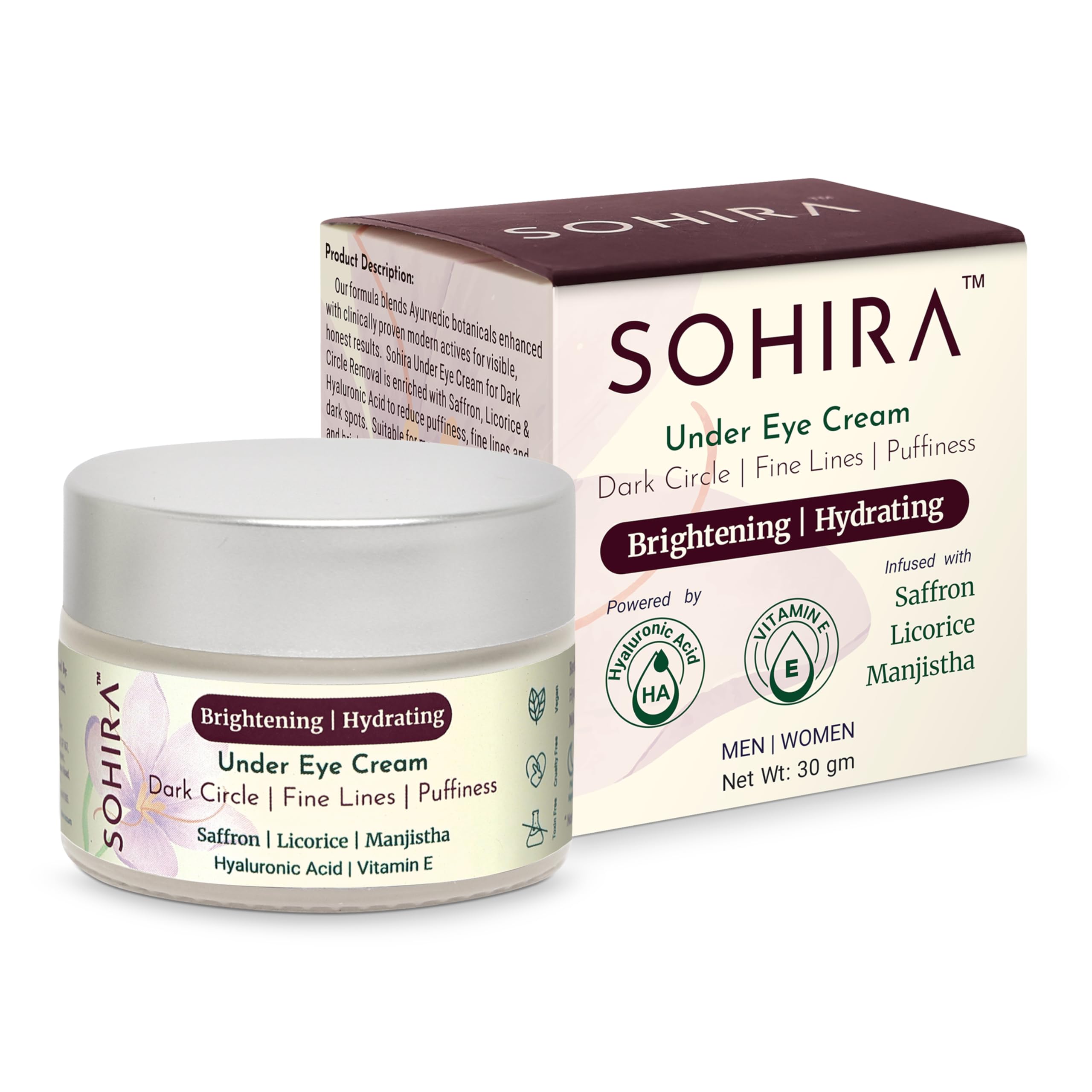 SOHIRA Under Eye Cream for Dark Circles for Men & Women – Eye Cream to Reduce Wrinkles & Puffiness, Brightening & Hydrating Formula with Saffron, Hyaluronic Acid & Vitamin E – 30gm