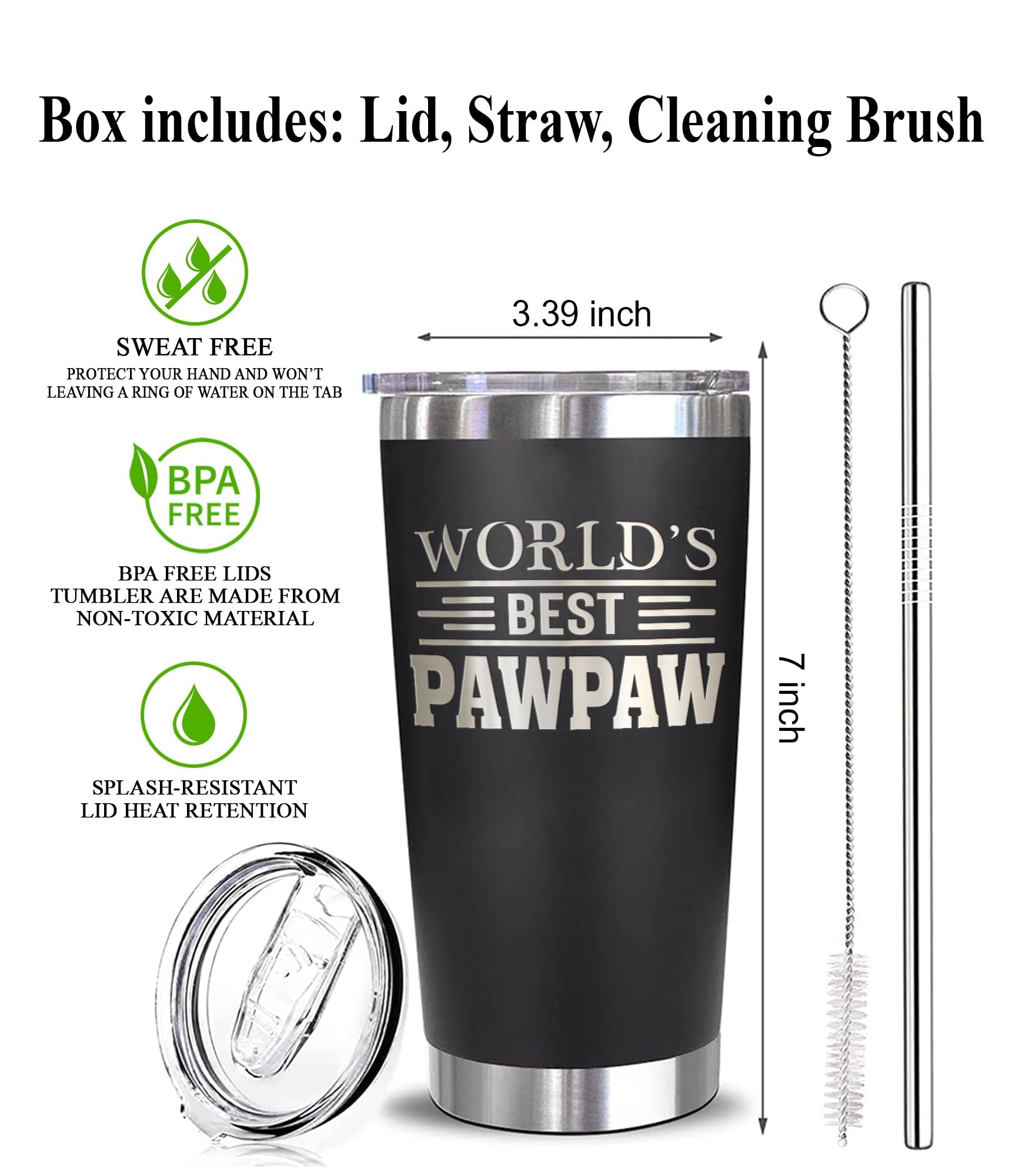 World's Best Pawpaw Tumbler - Best Pawpaw Laser Engraved - Pawpaw Mug - Father's Day Gift - Birthday Gift For Pawpaw - Pawpaw Coffee Mug - Stainless Steel Travel Tumbler 20Oz, Black