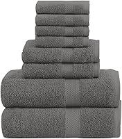 QUBA LINEN 8-Piece Grey Cotton Towel Set: 2 Bath Towels, 2 Hand Towels, 4 Washcloths - Super Absorbent, Quick Dry, Lightweight