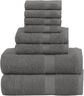 QUBA LINEN 8-Piece 100% Cotton Towel Set: 2 Bath Towels, 2 Hand Towels, 4 Washcloths - Quick Dry, Super Absorbent, Grey