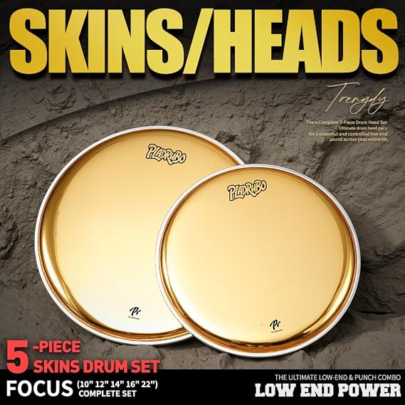 Gold Drum Heads Set 5 Piece Drumhead Pack (10 12 14 16 22) Standard Single Ply Drum Heads for Drum Kit Replacement, Metallic Gold Drum Heads