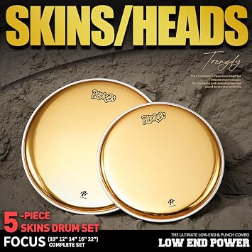 Gold Drum Heads Set 5 Piece Drumhead Pack (10 12 14 16 22) Standard Single Ply Drum Heads for Drum Kit Replacement, Metallic Gold Drum Heads