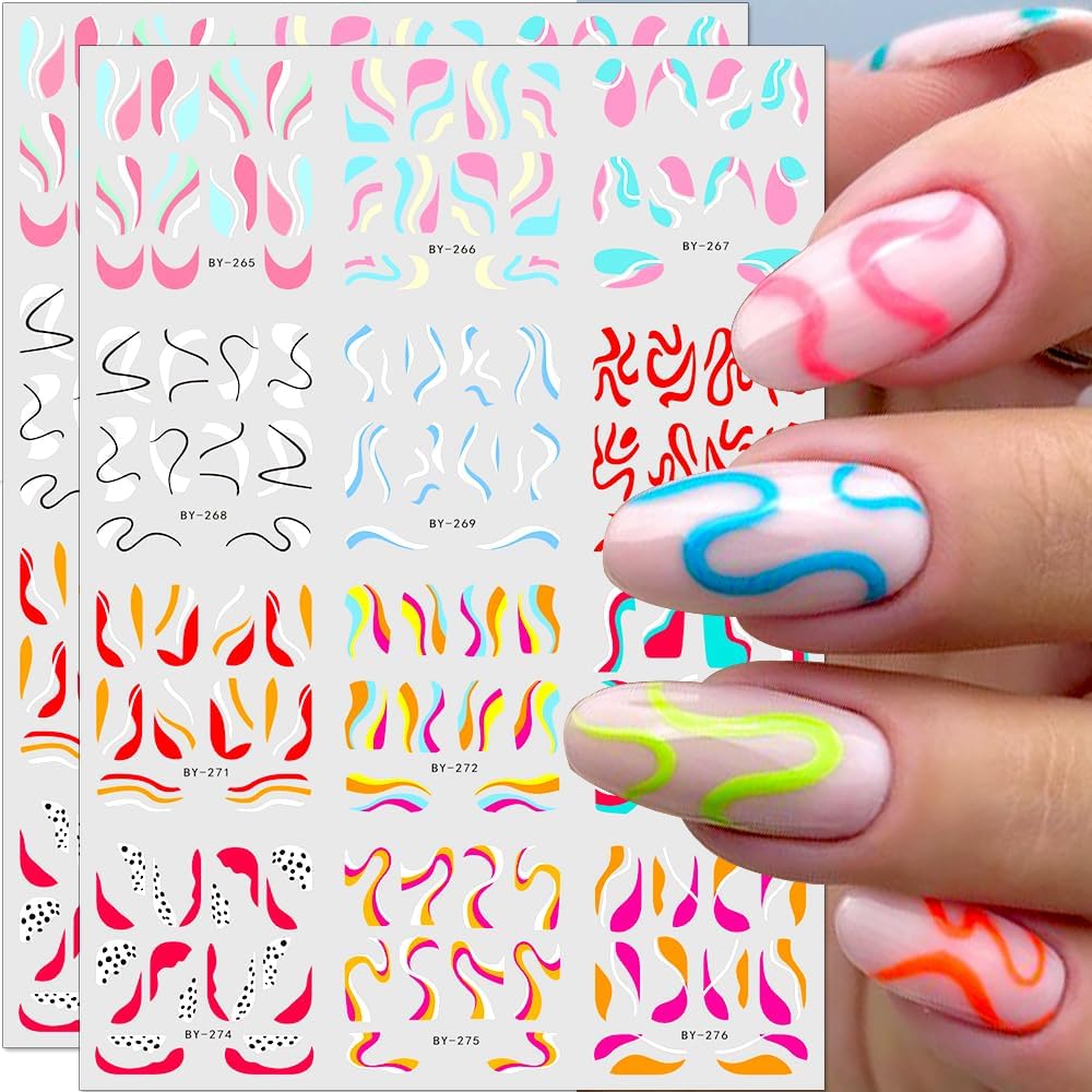 Colorful Wave Lines Nail Art Stickers for Girls - Neon Ribbon Strips Water Transfer Designs - Colored Swirl Lines Decals for Women - Nail Art Supplies