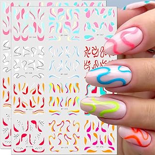 Colorful Wave Lines Nail Art Stickers for Girls - Neon Ribbon Strips Water Transfer Designs - Colored Swirl Lines Decals for Women - Nail Art Supplies