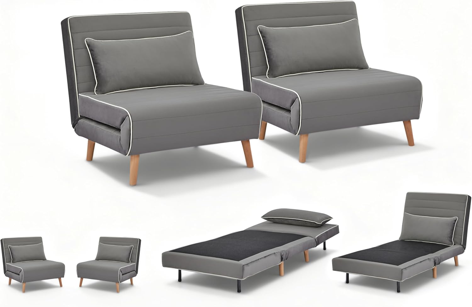 2 Sets 32" Convertible Sleeper Chair, 3-in-1 Folding Sleeper Chair with Adjustable Backrest and Pillows, 2-Piece Sofa Bed Sets for Living Room, Apartment, Office, Gray